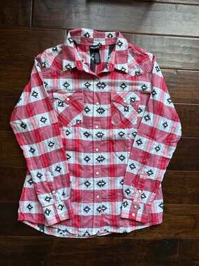 Wrangler Retro Women's Southwestern Plaid Pearl Snap Western Shirt, Size Large